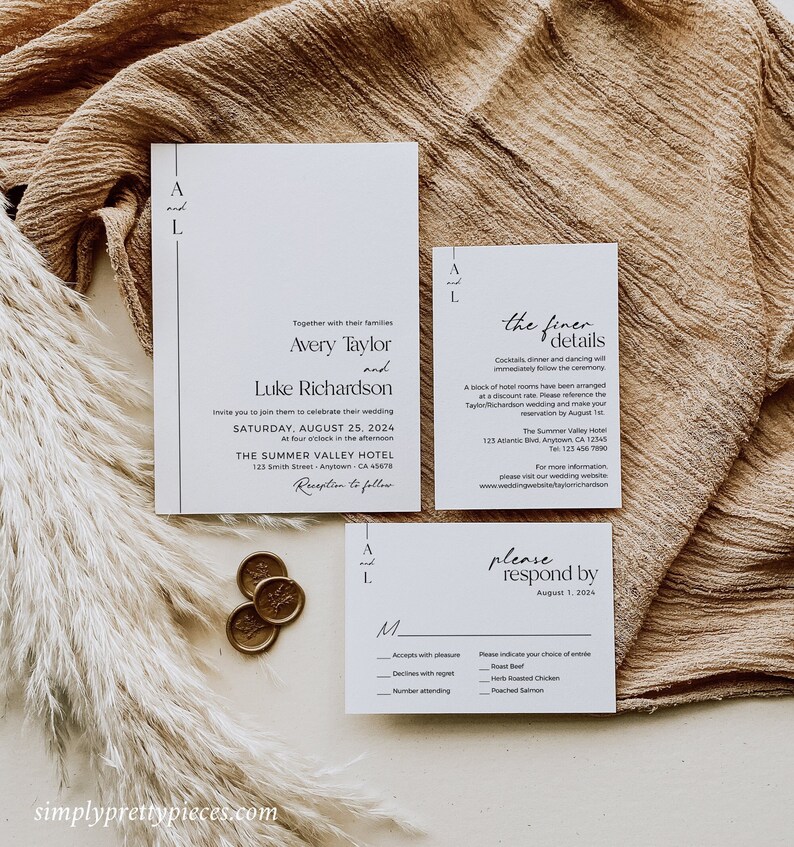 May include: Wedding invitation suite with a modern minimalist design. The invitation features a black line separating the text "Avery Taylor and Luke Richardson". The RSVP card includes the text "Please respond by August 1, 2024".