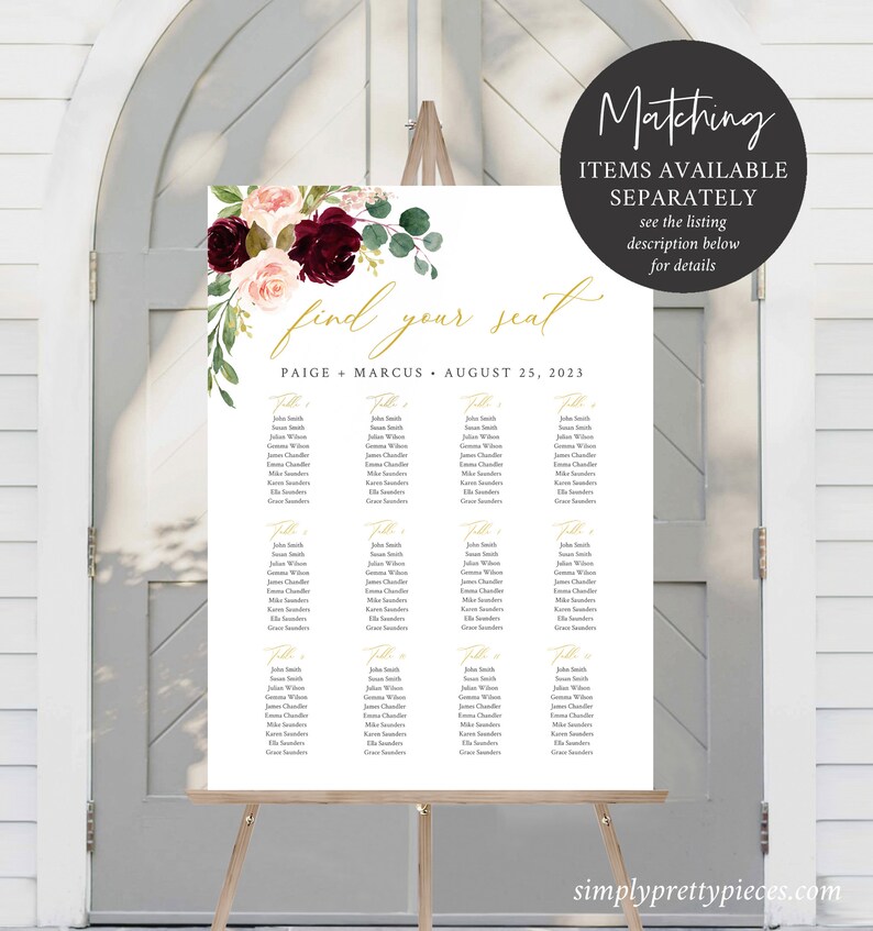 May include: A white seating plan on an easel, decorated with burgundy, blush, and green floral elements. The text "find your seat" is displayed, along with the names Paige and Marcus and the date August 25, 2023. Additional text reads "Matching items available separately".