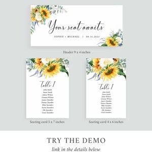 K&ouml;nnte beinhalten: Zwei Sonnenblumen-Tischkarten f&uuml;r eine Hochzeit mit wei&szlig;en Rosen und Gr&uuml;n. Die Karten sind 12,7 cm x 17,8 cm und 10,2 cm x 15,2 cm gro&szlig;. Der Text auf den Karten lautet "Tisch 1" und listet die Namen der G&auml;ste auf.