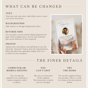 May include: A guide to customizing a printable memorial template. The template features a watercolor background with a mountain range and a photo of a person. The text "Celebrating the Life of Shaun Parkinson" is included. The guide explains what can be changed, such as text, backgrounds, photos, and reverse side. It also explains what cannot be changed, such as the size or orientation of the template and the watercolor artwork. The guide also encourages users to try out the template before purchasing by using a demo.