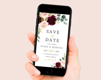 Editable Burgundy Blush Gold Digital Save the Date, Merlot Blush Save our Date Template, Text Message Social Media, Instant Download 574-A