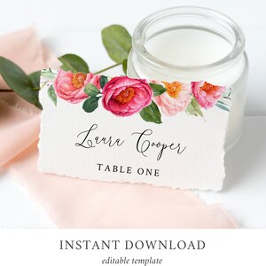 Fuchsia Peonies Editable Place Cards Pink Floral Greenery image 2
