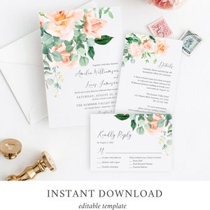 Peach Greenery Floral Editable Wedding Invitation Suite, Peach Eucalyptus RSVP Details, Peach Printable Template, Instant Download, 551-A image 2