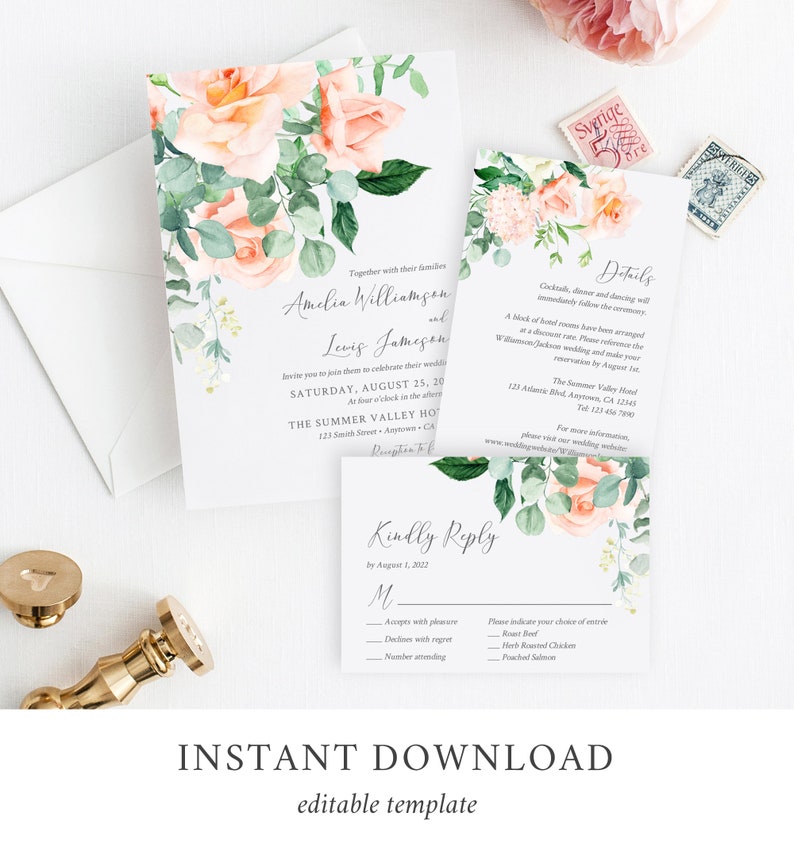 Peach Greenery Floral Editable Wedding Invitation Suite, Peach Eucalyptus RSVP Details, Peach Printable Template, Instant Download, 551-A image 2