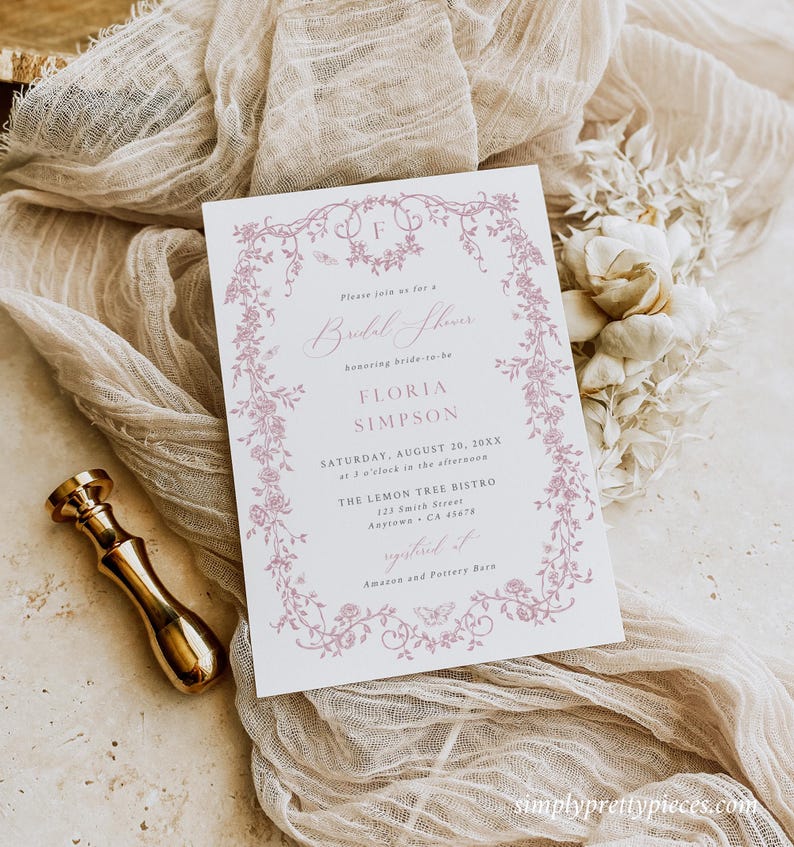 Dusty Pink toile de jouy bridal shower invitation