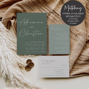 May include: A sage green wedding invitation suite with white calligraphy. The invitation card features the names "Adrianna and Christian" and details about the wedding ceremony and reception. The RSVP card includes a "Kindly Reply" heading and a section for guests to indicate their attendance and whether they will toast from afar. The suite is accented with gold wax seals.
