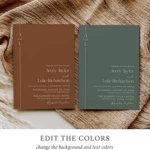 May include: Two wedding invitations with a minimalist design. The invitations are on a brown and green background with white text. The text reads "Together with their families Avery Taylor and Luke Richardson Invite you to join them to celebrate their wedding Saturday, August 25, 2024 At four o'clock in the afternoon The Summer Valley Hotel 123 Smith Street Anytown CA 45678 Reception to follow".