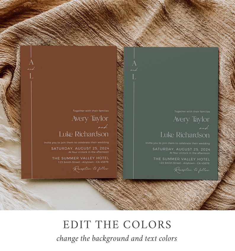 May include: Two wedding invitations with a minimalist design. The invitations are on a brown and green background with white text. The text reads "Together with their families Avery Taylor and Luke Richardson Invite you to join them to celebrate their wedding Saturday, August 25, 2024 At four o'clock in the afternoon The Summer Valley Hotel 123 Smith Street Anytown CA 45678 Reception to follow".