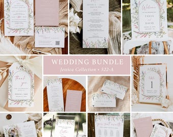Floral Wedding Pack Wildflower Wedding Invitation Set, Dusty Pink Wildflower Wedding Bundle Wedding Stationery Kit, Editable Template 522-A