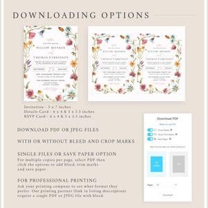 Op de afbeelding: Een digitale download voor een huwelijksuitnodigingsset met bloemenontwerpen. De uitnodiging is 12,7 x 17,8 cm, de detailkaart is 15,2 x 10,2 en 12,7 x 8,9 cm, en de RSVP-kaart is 15,2 x 10,2 en 12,7 x 8,9 cm. De download bevat opties voor bleed en crop marks.
