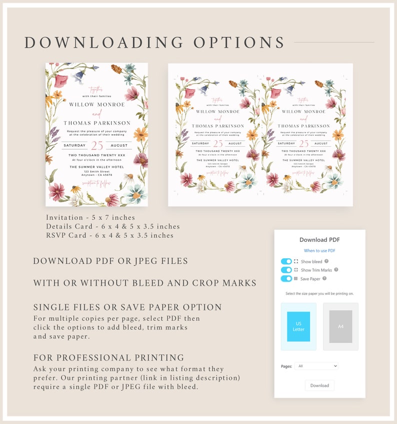 Op de afbeelding: Een digitale download voor een huwelijksuitnodigingsset met bloemenontwerpen. De uitnodiging is 12,7 x 17,8 cm, de detailkaart is 15,2 x 10,2 en 12,7 x 8,9 cm, en de RSVP-kaart is 15,2 x 10,2 en 12,7 x 8,9 cm. De download bevat opties voor bleed en crop marks.