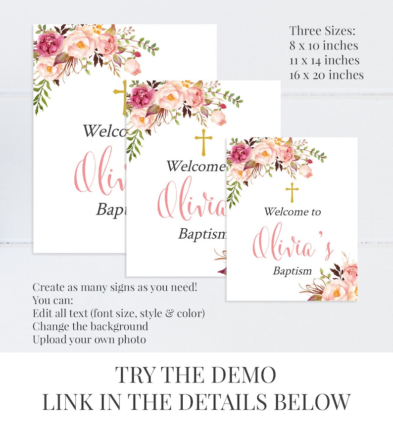 Pink Gold Boho Foral Editable Baptism Welcome Sign Instant Download 308-PG Christening Naming Day Welcome Sign Printable Sign Template