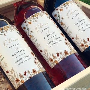 Étiquette de bouteille de vin de fleurs sauvages d'automne, modèle d'autocollant de vin pleine grandeur, étiquette imprimable de décor de bouteille de vin de mariage de fleur pressée, modifiable 513-A