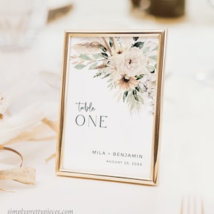 Números de mesa Boho, Número de mesa verde salvia, Números de mesa de boda Boho, Tarjeta de mesa Pampas Grass, Plantilla imprimible y editable, 591-A