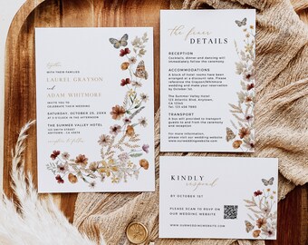 Wildflower Wedding Invitation Set QR Code RSVP Fall, Wedding Invitation Suite Photo, Wedding Invitation Fall Editable Invite Template, 513-A