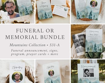 Mountain Celebration of Life Bundle, Man's Funeral Bundle Woodland Memorial Bundle, Rustic Outdoor Theme, Forest Set Editable Template 531-A