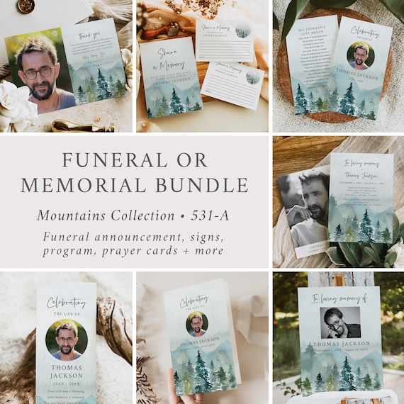 Man's Funeral Bundle Woodland Memorial Bundle, Mountain Celebration of Life Bundle, Rustic Outdoor Theme, Forest Set Editable Template 531-A