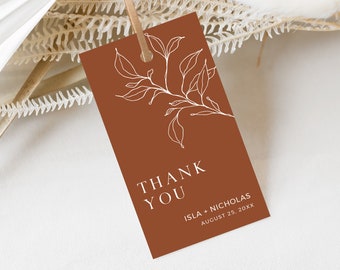 Editable Terracotta Minimal Botanical Favor Tags, Printable Wedding Gift Tag DIY Template, Modern Line Art Favor Tags Instant Download 589-B
