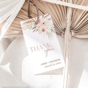 Étiquettes de faveur de mariage Boho, étiquette de remerciement Dusty Rose, étiquette de faveur Boho, étiquettes de faveur d’herbe de Pampas, modèle d’étiquette imprimable, modifiable, 593-A