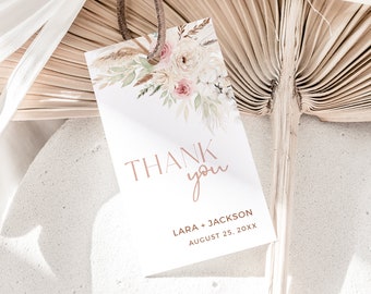 Dusty Rose Thank You Tag, Bohemian Wedding Favor Tags, Boho Favor Label, Pampas Grass Favor Tags, Printable Tag Template, Editable, 591-A