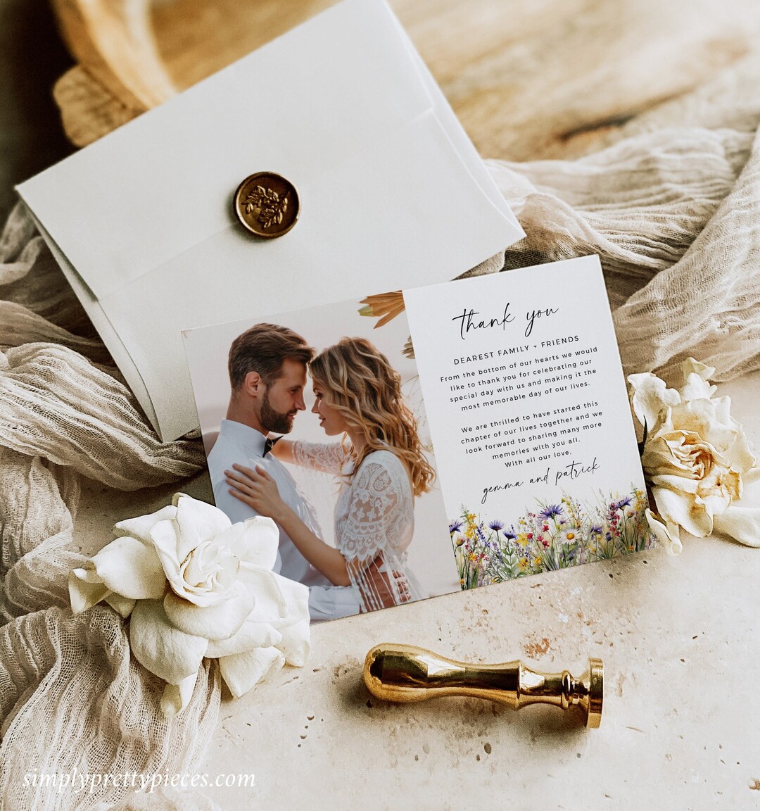 Bright Wildflower Thank You Card With Photo, Floral Wedding Thank You ...