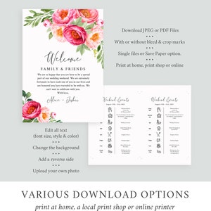 Puede incluir: Un cartel de bienvenida de boda imprimible con ilustraciones florales rosas y verdes. El cartel dice "Bienvenido Familia & Amigos" e incluye los nombres "Alice & Joshua". El cartel tambi&eacute;n incluye instrucciones para editar el texto, cambiar el fondo, agregar un reverso y cargar una foto.
