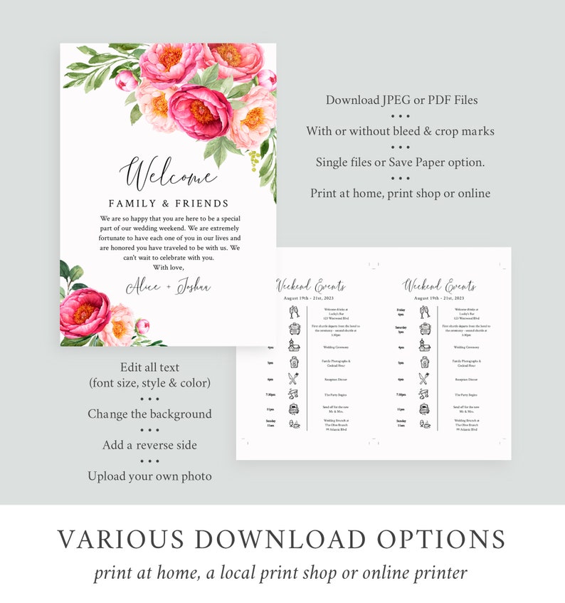 Puede incluir: Un cartel de bienvenida de boda imprimible con ilustraciones florales rosas y verdes. El cartel dice "Bienvenido Familia & Amigos" e incluye los nombres "Alice & Joshua". El cartel tambi&eacute;n incluye instrucciones para editar el texto, cambiar el fondo, agregar un reverso y cargar una foto.