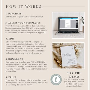 May include: A how-to guide for using a digital template editor. The guide includes steps for purchasing, accessing, editing, downloading, and printing templates. The image also shows a sample wedding invitation template with the text "Carmen and William".