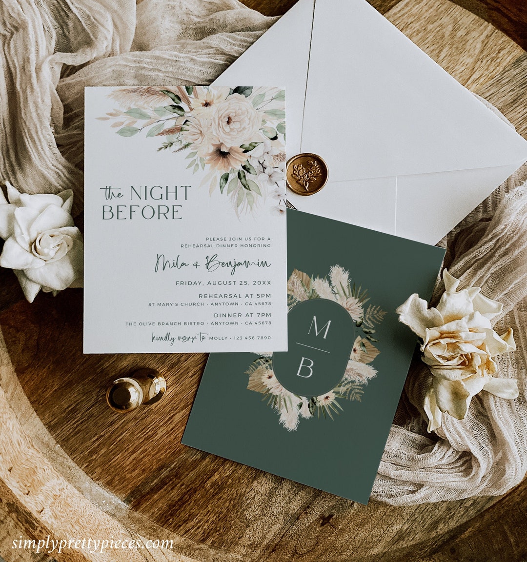 Sage Boho Rehearsal Dinner Invitation, Pampas Grass Rehearsal Invite ...