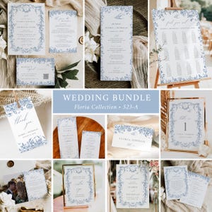 Blue Toile Wedding Bundle Chinoiserie Wedding Pack French Floral Wedding Invitation Set, Vintage Wedding Stationery, Editable Template 523-A