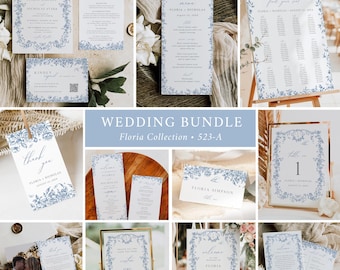 Chinoiserie Wedding Pack French Floral Wedding Invitation Set, Blue Toile Wedding Bundle Vintage Wedding Stationery, Editable Template 523-A