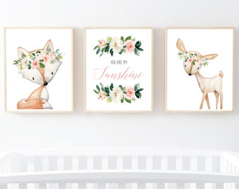 Blush You are my Sunshine Woodland Animals Boho Printable Nursery Art, Pink Floral Nursery Art, Fox Deer, Set of 3, Instant Download 614-A