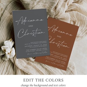 May include: Two wedding invitations with a gray and brown background. The text on the invitations reads "Adrianna and Christian" and includes the wedding date, time, and location. The text is in a white script font.