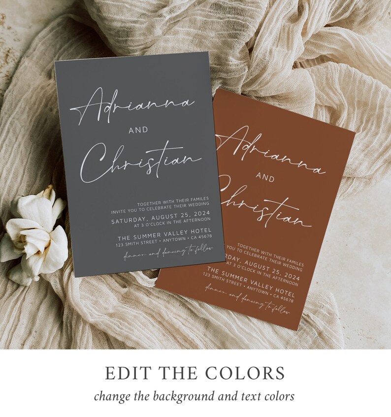 May include: Two wedding invitations with a gray and brown background. The text on the invitations reads "Adrianna and Christian" and includes the wedding date, time, and location. The text is in a white script font.