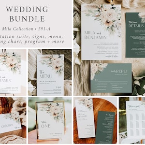 Sage Boho Wedding Bundle, Pampas Grass Wedding Set, Bohemian Wedding Invitation Set, Boho Wedding Stationery Kit, Editable Template, 591-A
