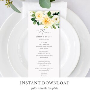 May include: A wedding menu template featuring a floral design with yellow and white flowers. The menu includes the names Emma & Scott, the date August 25, 2021, and a list of food items for the wedding reception.