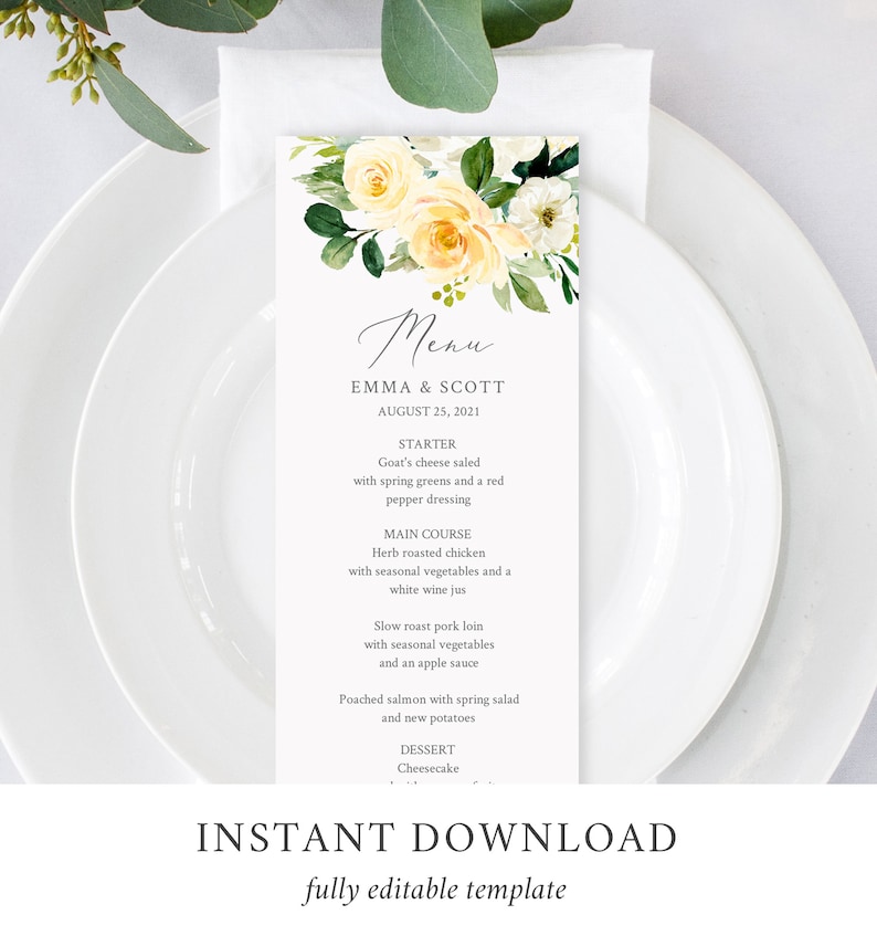 May include: A wedding menu template featuring a floral design with yellow and white flowers. The menu includes the names Emma & Scott, the date August 25, 2021, and a list of food items for the wedding reception.