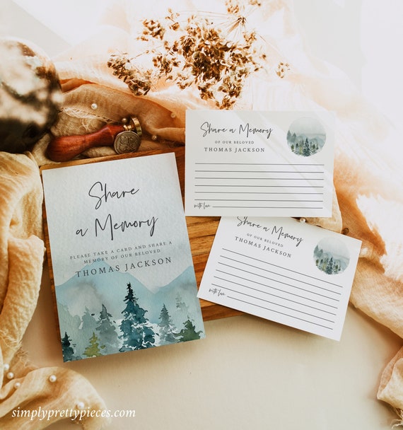 Woodland Share a Memory Card Man, Funeral Share a Memory Mountain Memorial Share Memory Card Sign, Celebration Life Editable Template, 531-A