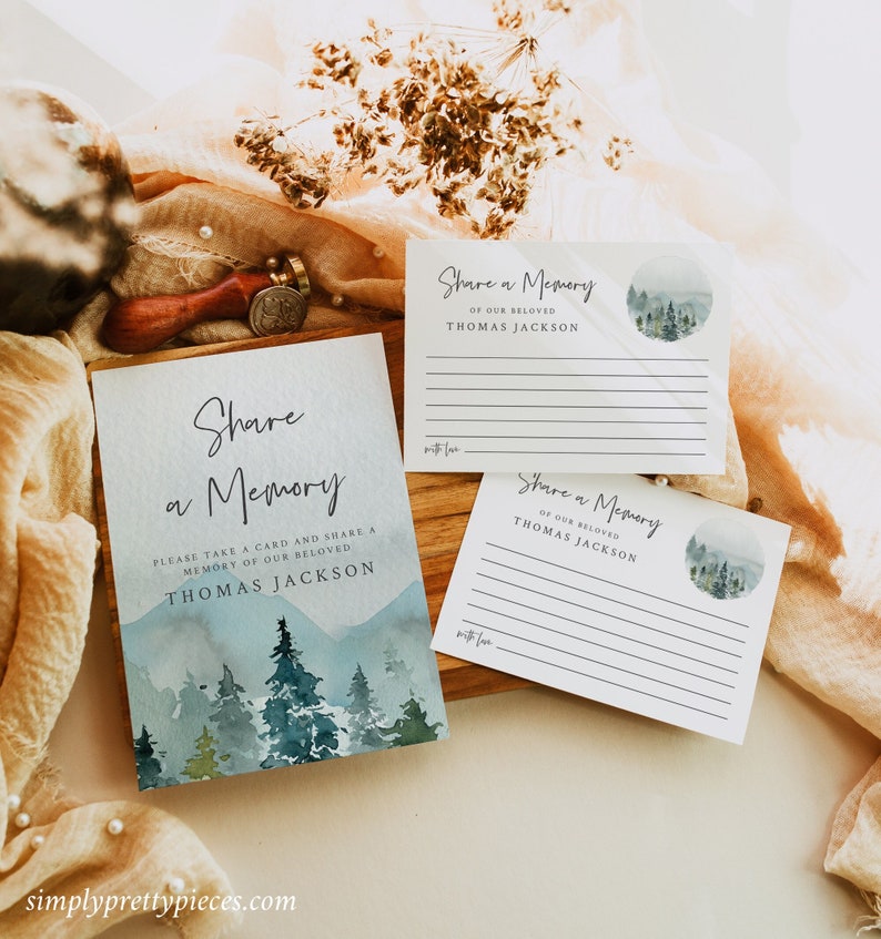 Woodland Share a Memory Card Man, Funeral Share a Memory Mountain Memorial Share Memory Card Sign, Celebration Life Editable Template, 531-A image 1