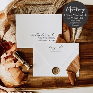 May include: Two white envelopes with handwritten addresses and a wax seal. The top envelope says "kindly deliver to Mr. & Mrs. L. Jackson 789 Beach Tree Drive Los Angeles, CA 12345". The bottom envelope says "Avery + Lake 105 Peter Street Los Angeles, CA 12345".