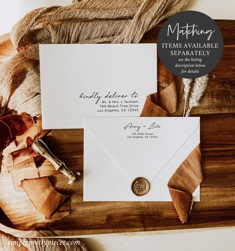 May include: Two white envelopes with handwritten addresses and a wax seal. The top envelope says "kindly deliver to Mr. & Mrs. L. Jackson 789 Beach Tree Drive Los Angeles, CA 12345". The bottom envelope says "Avery + Lake 105 Peter Street Los Angeles, CA 12345".