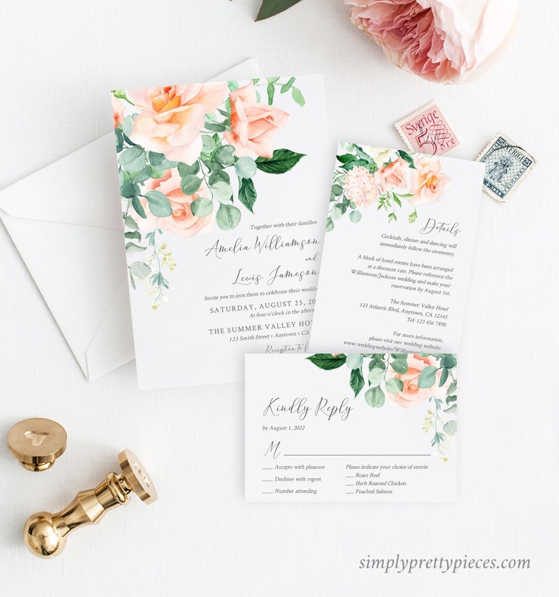 Peach Greenery Floral Editable Wedding Invitation Suite, Peach Eucalyptus RSVP Details, Peach Printable Template, Instant Download, 551-A image 1