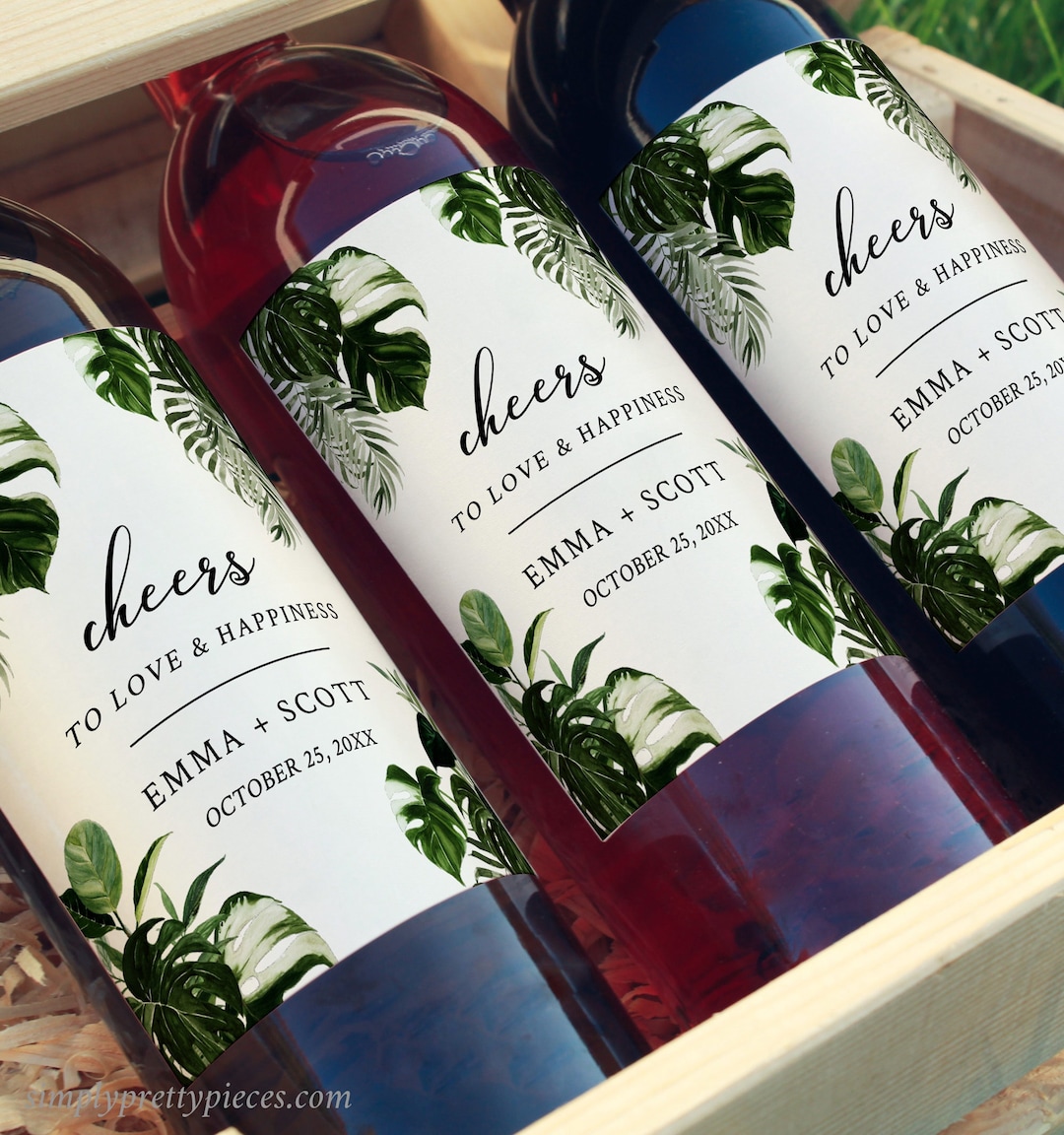 Monstera Wine Bottle Editable Label, Printable Tropical Foliage Full ...