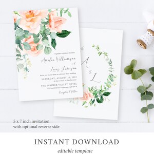 Peach Greenery Floral Editable Wedding Invitation Suite, Peach Eucalyptus RSVP Details, Peach Printable Template, Instant Download, 551-A image 3