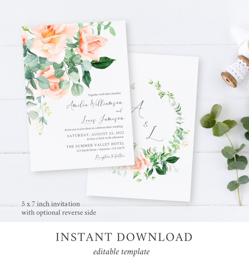 Peach Greenery Floral Editable Wedding Invitation Suite, Peach Eucalyptus RSVP Details, Peach Printable Template, Instant Download, 551-A image 3