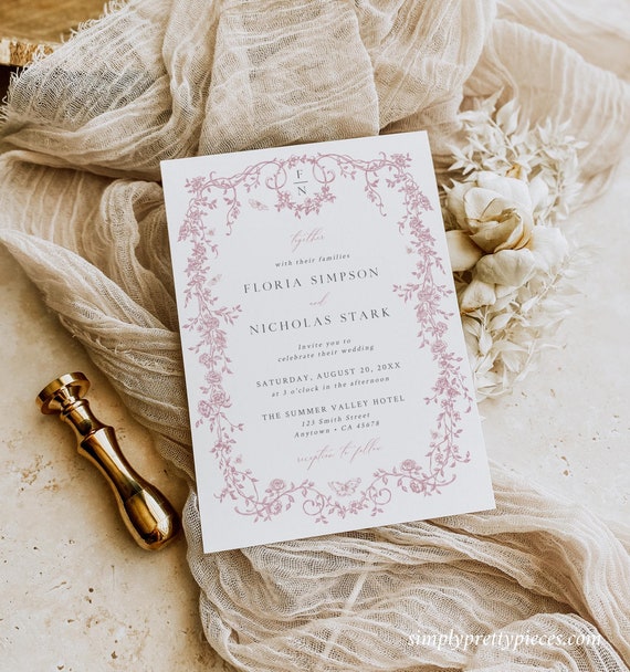 Dusty Pink Toile de Jouy Wedding Invitation French Floral Wedding Invitation Template, Printable Chinoiserie Invite, Vintage Editable 523-B