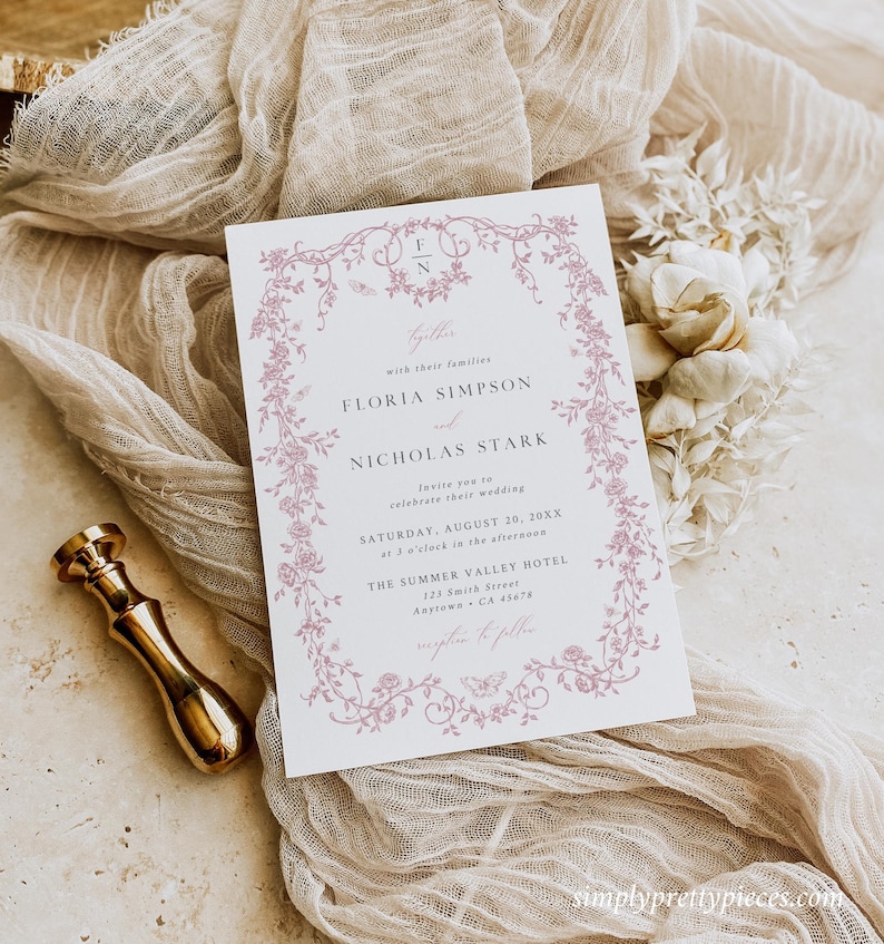 Dusty Pink Chinoiserie wedding invitation template