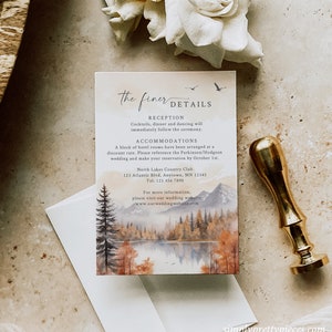May include: A wedding reception details card with a watercolor illustration of a lake and forest in autumn colors. The card includes the text "the finer DETAILS", "RECEPTION", "Cocktails, dinner and dancing will immediately follow the ceremony.", "ACCOMMODATIONS", "A block of hotel rooms have been arranged at a discount rate. Please reference the Parkinson/Hodgson wedding and make your reservation by October 1st.", "North Lakes Country Club", "123 Atlantic Blvd, Anytown, MN 12345", "Tel: 123 456 7890", "For more information, please visit our wedding website", "www.ourweddingwebsite.com".