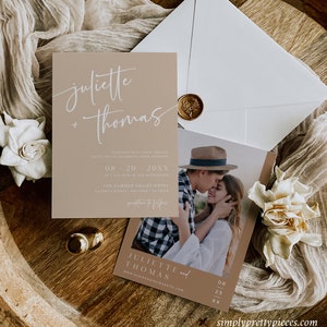 May include: A wedding invitation with a beige background and white text. The invitation features the names "Juliette" and "Thomas" in cursive script. The date of the wedding is listed as "08.20.20XX" and the location is "The Summer Valley Hotel". A photo of the couple is included in the bottom right corner of the invitation.