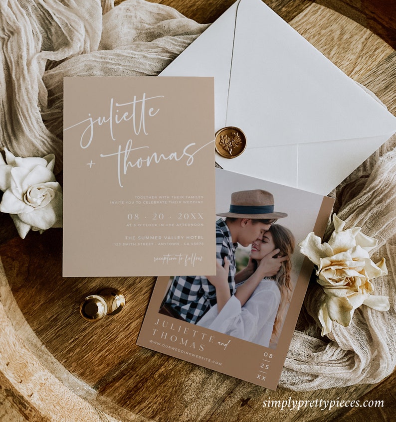 May include: A wedding invitation with a beige background and white text. The invitation features the names "Juliette" and "Thomas" in cursive script. The date of the wedding is listed as "08.20.20XX" and the location is "The Summer Valley Hotel". A photo of the couple is included in the bottom right corner of the invitation.